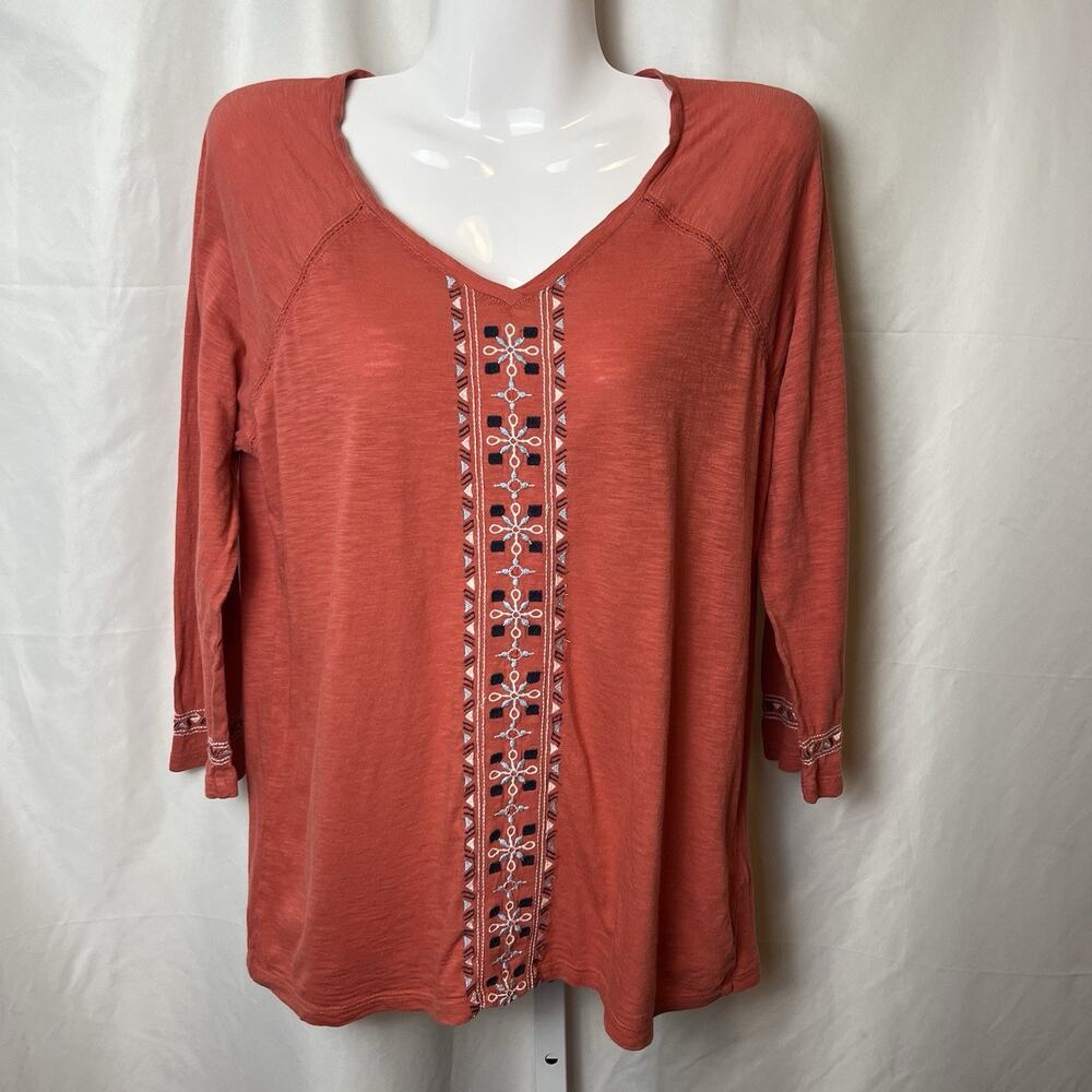 Orvis Women’s Tunic Top Burnt Orange Embroidered S Cotton Modal Boho Folk‎ Fall